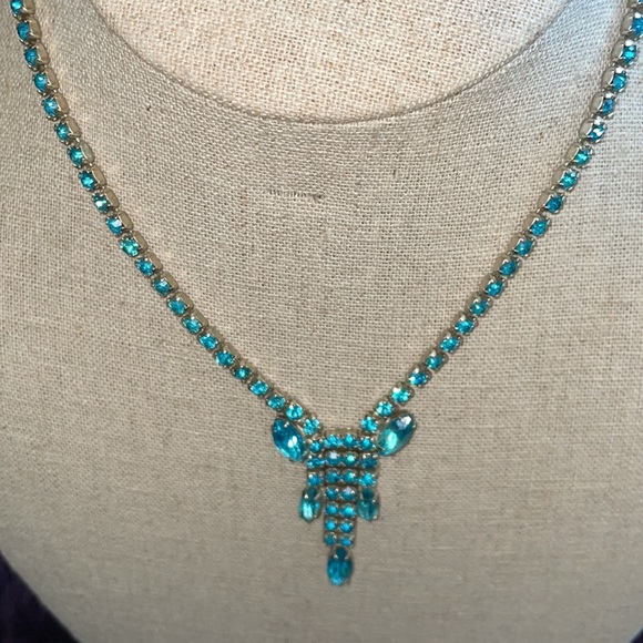 Vintage Aqua Blue Rhinestone Tasseled Necklace. 16”. - Picture 3 of 4